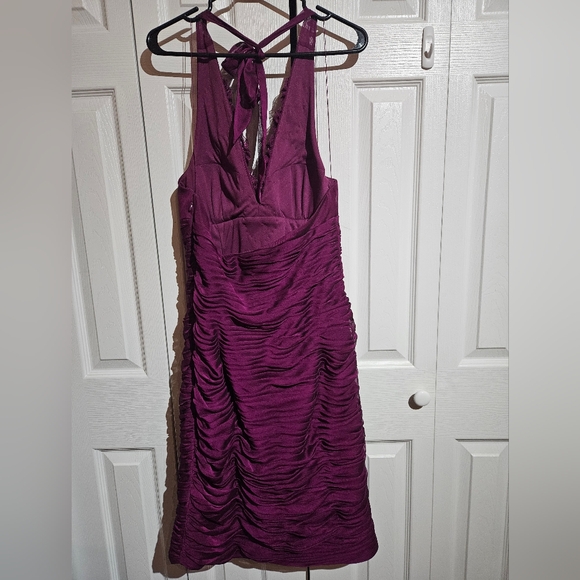 Halter Fitted Ruched Bridesmaid Dress | Adrianna Papell | Magenta/Purple - Picture 6 of 7